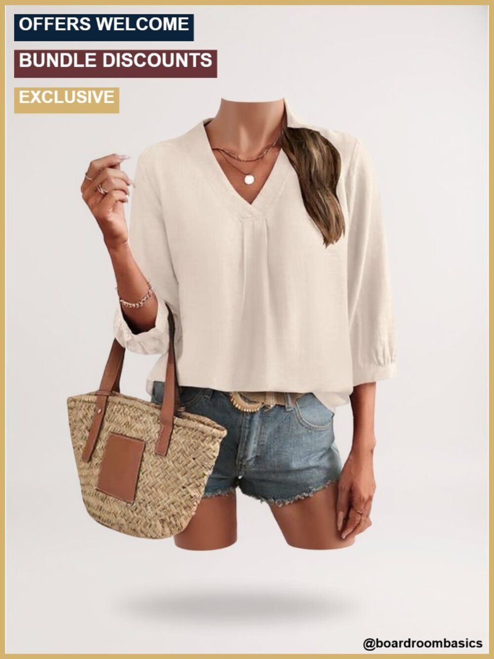 3/4 Sleeve V Neck Boho Peasant Tunic Top with Button Cuffs